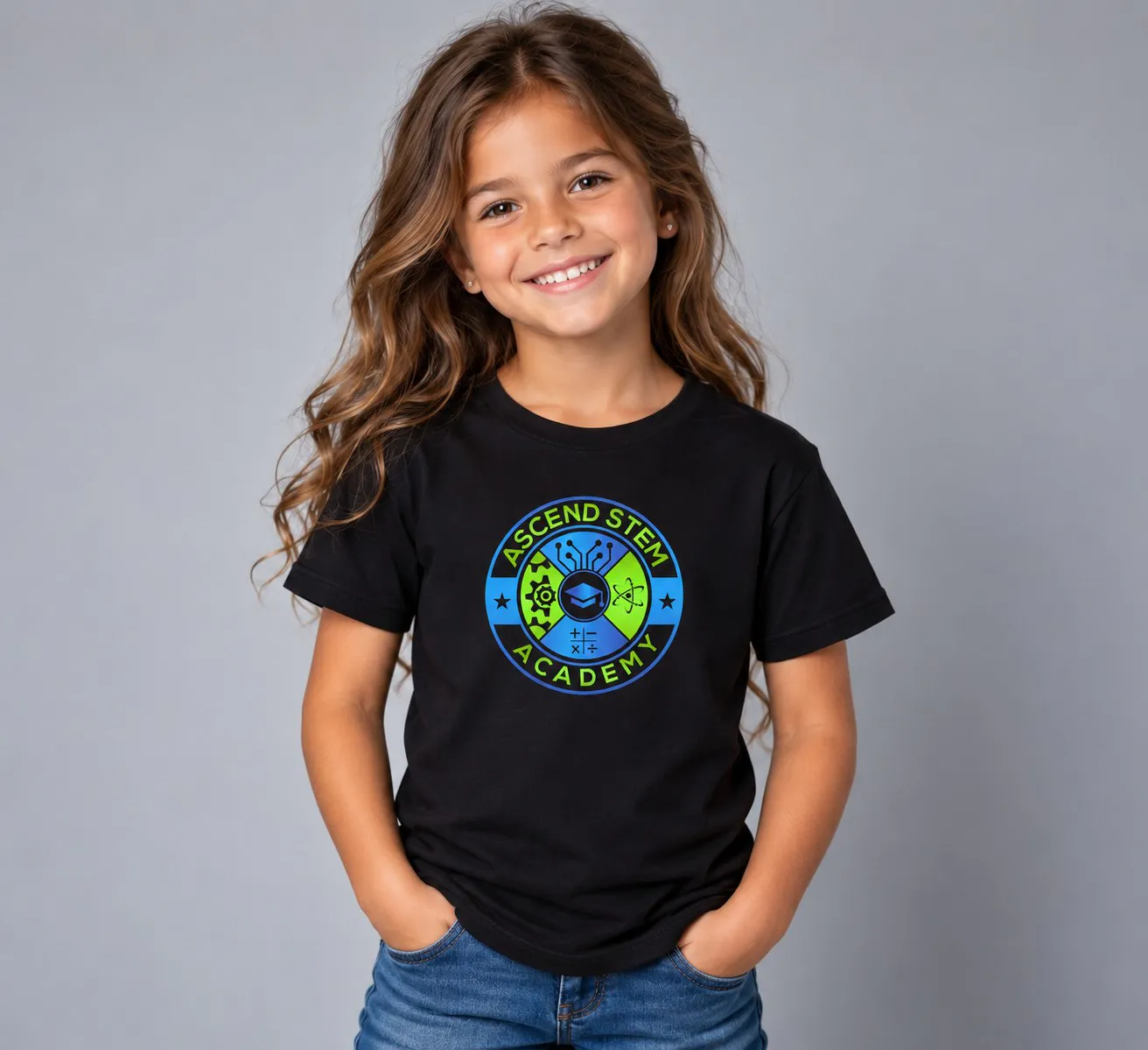 Girl wearing the black Ascend STEM Academy kids T-shirt